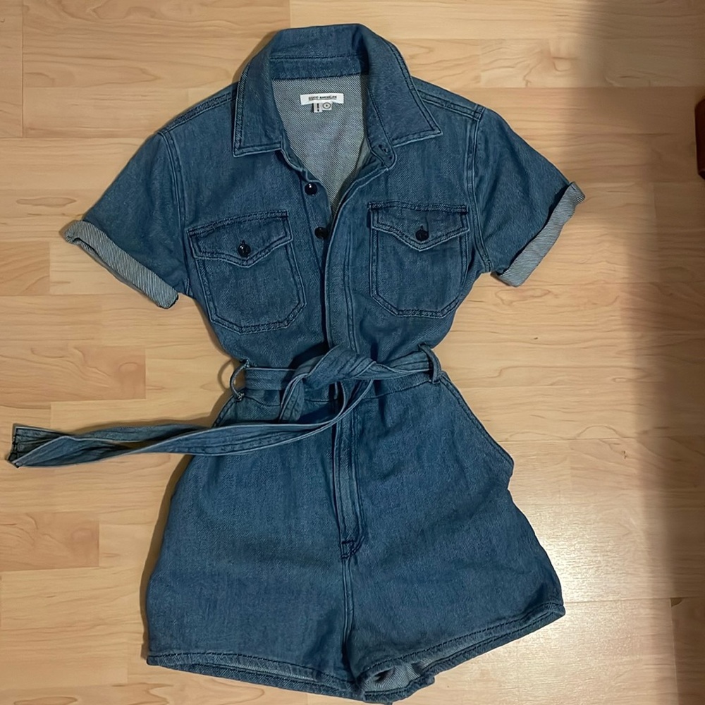 Good American cotton denim shorts, romper